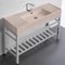 Modern Beige Travertine Design Ceramic Console Sink and Polished Chrome Base, 48